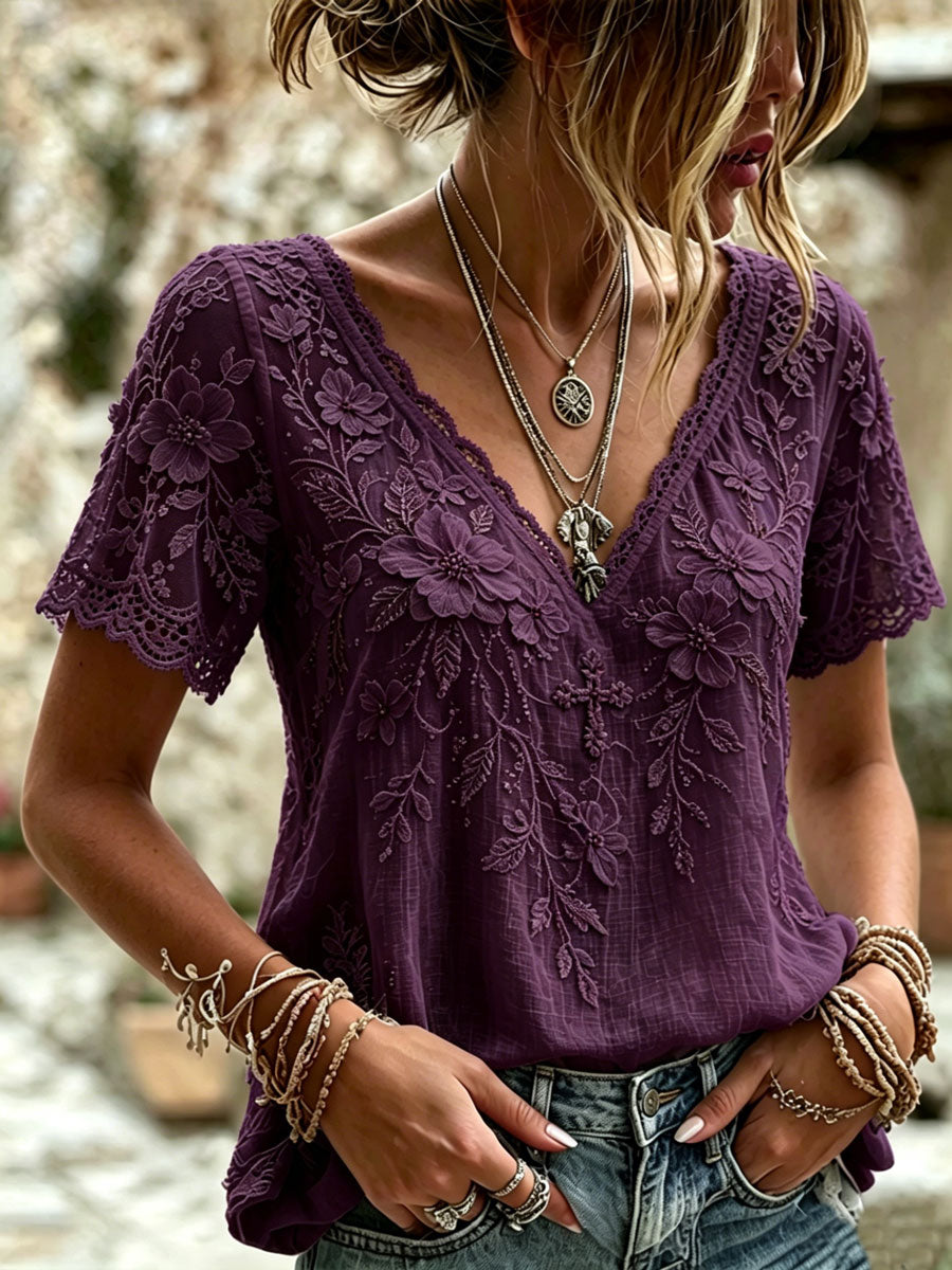 Women'S Cotton And Linen Floral Faith Casual Top