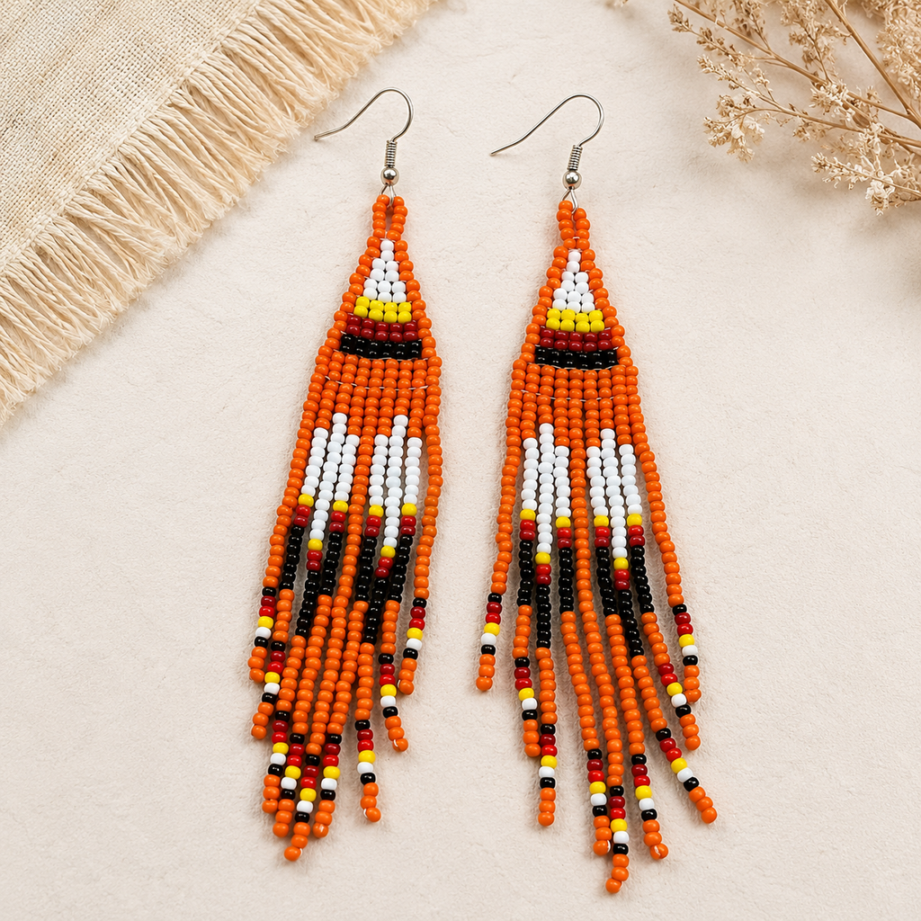 Every Child Matters Handmade Orange Beaded Earrings – Long Fringe Seed Bead Jewelry