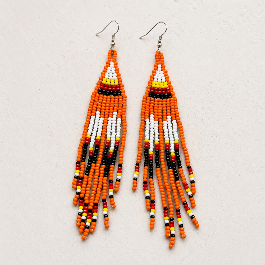 Every Child Matters Handmade Orange Beaded Earrings – Long Fringe Seed Bead Jewelry