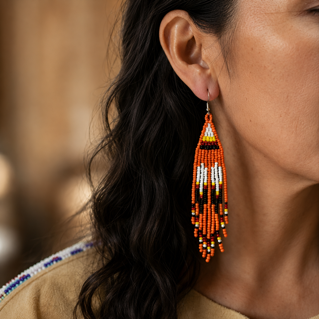 Every Child Matters Handmade Orange Beaded Earrings – Long Fringe Seed Bead Jewelry