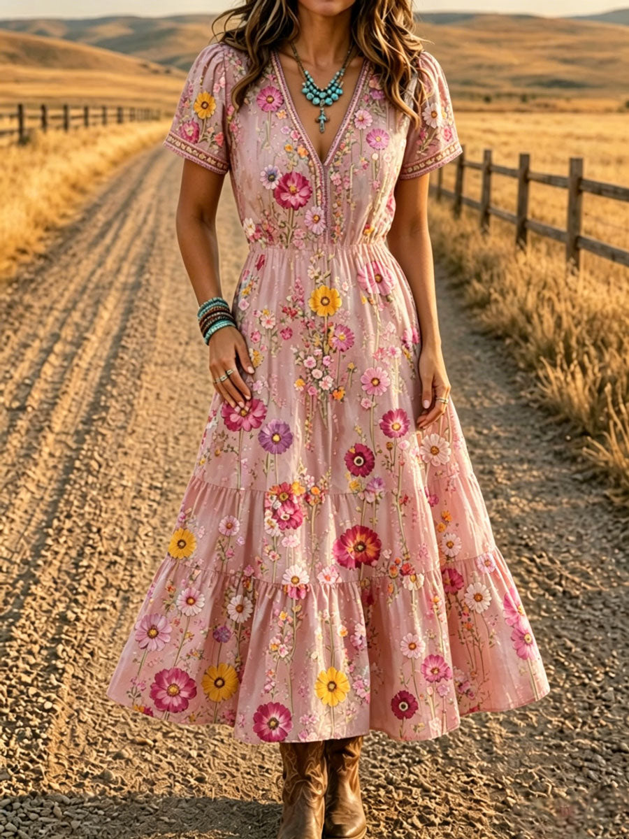Women'S Western Style V-Neck Short Sleeved Floral Pattern Dress