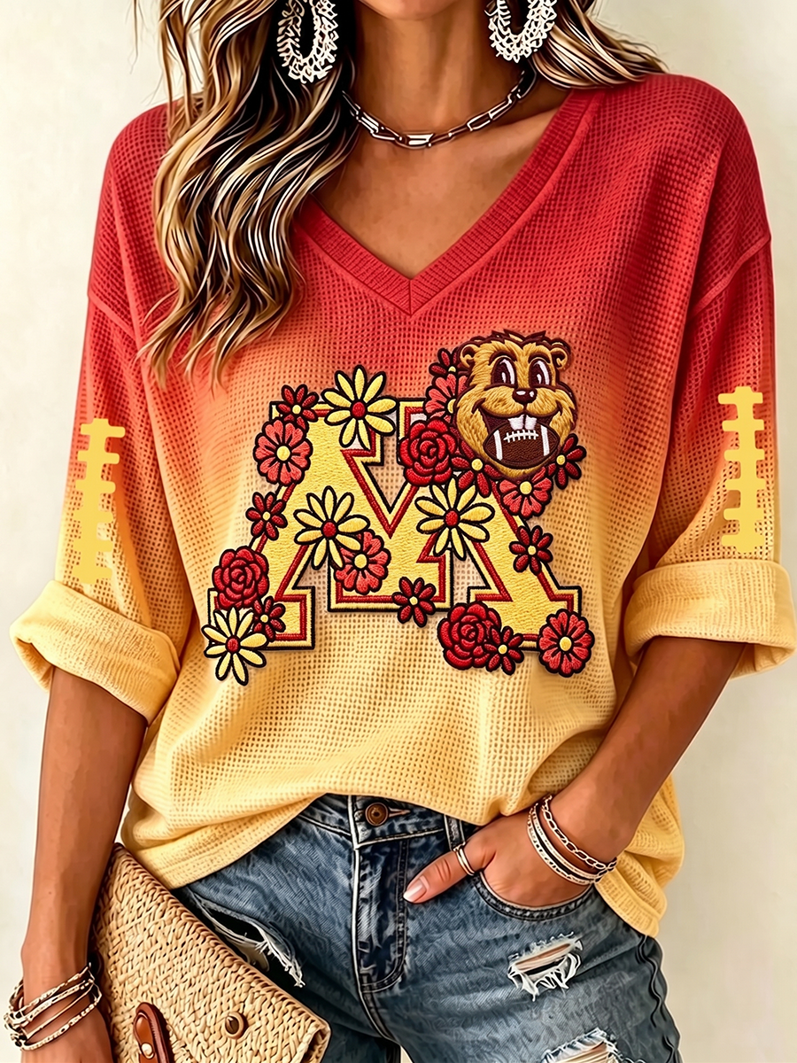 Women'S Football Print Waffle V-Neck Top