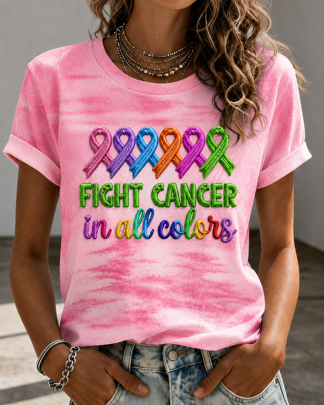 Women'S Breast Cancer Awareness Printing Short Sleeved T-Shirt