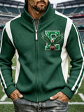 Men's Football Print Zip-Up Stand Collar Knit Sweater