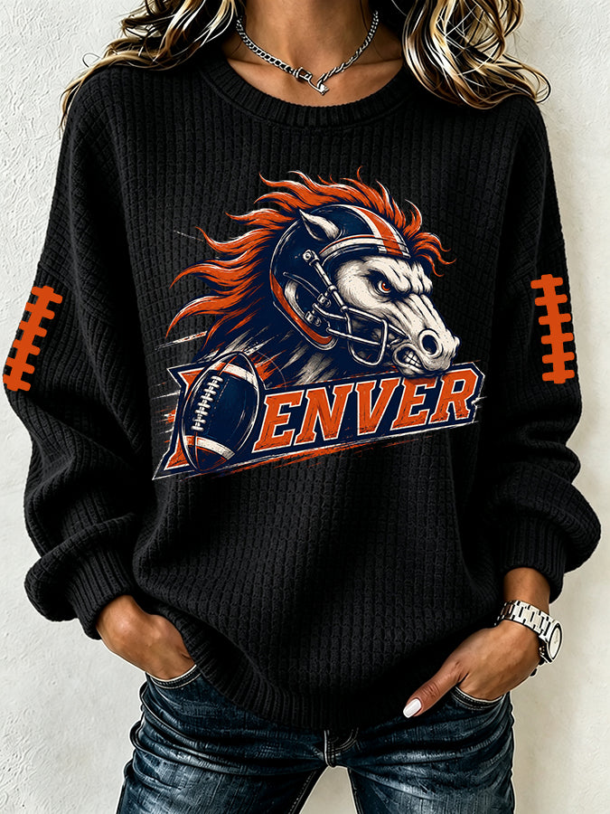 Women'S Football Fan Waffle Long Sleeved Round Neck Sweatshirt