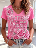 Women'S Breast Cancer Ribbon Printed V-Neck T-Shirt
