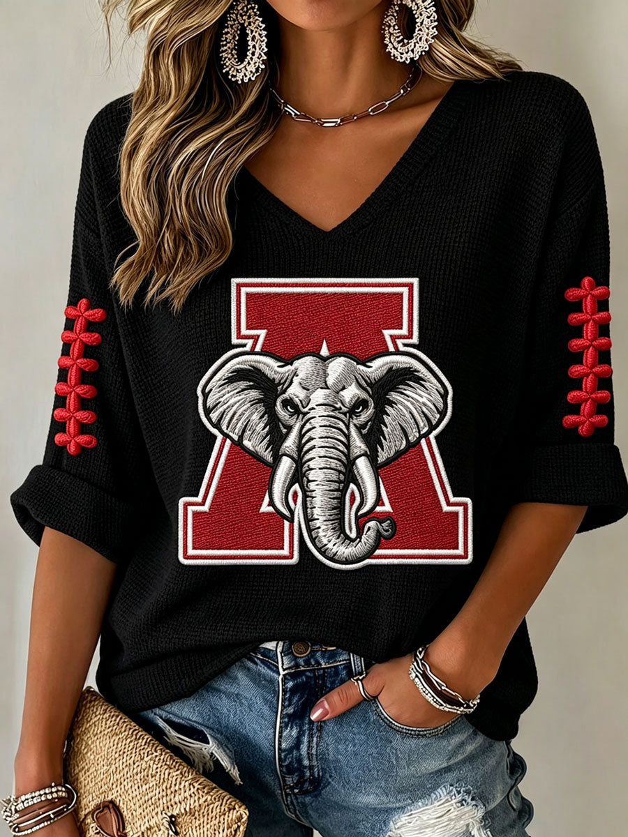 Women'S Rugby Patterned Waffle V-Neck Top