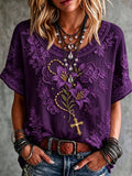 Women's Vintage Lily Flower Cross Art Print Short-sleeved T-shirt