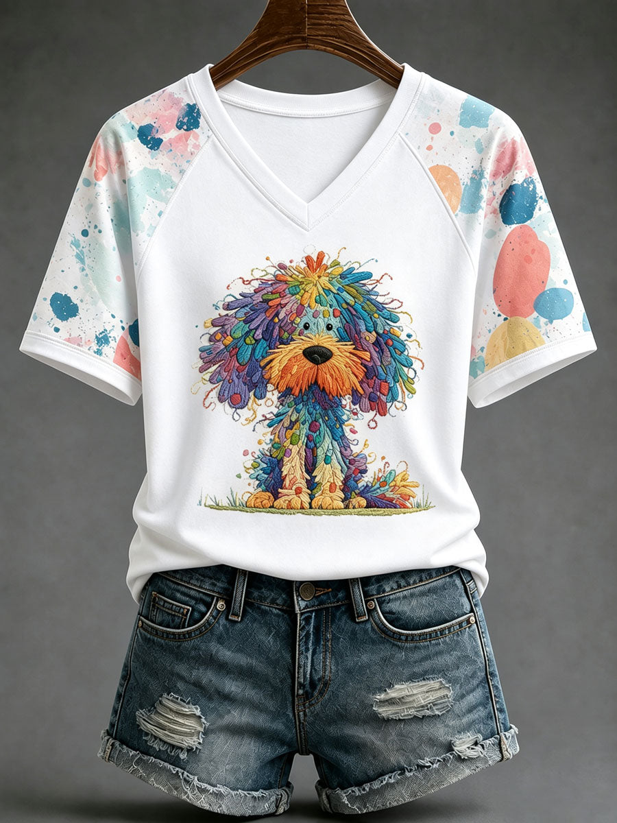 Ladies' Cute Dog V-Neck Casual T-Shirt
