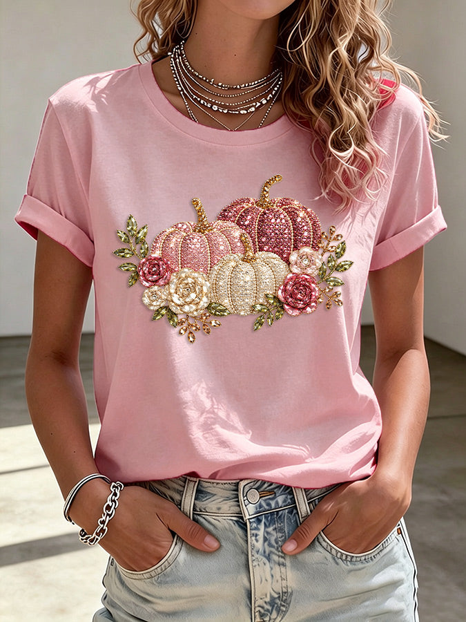 Ladies' Pink Pumpkin Printed Casual T-Shirt