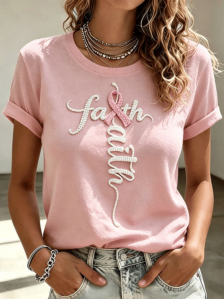 Pink Ribbon Faith Pattern Casual Pure Cotton Short-Sleeved T-Shirt