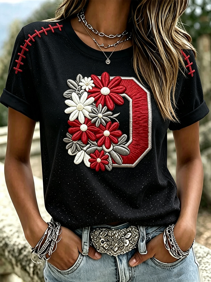 Ladies' College Football Glitter Printed Round Neck T-Shirt