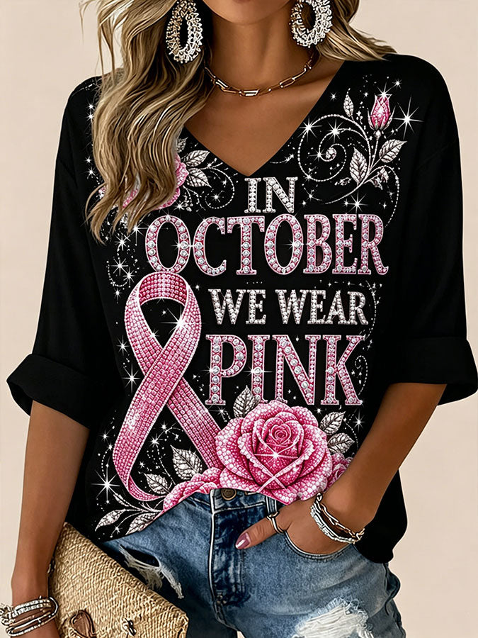 Women'S In October We Wear Pink Printed Waffle T-Shirt