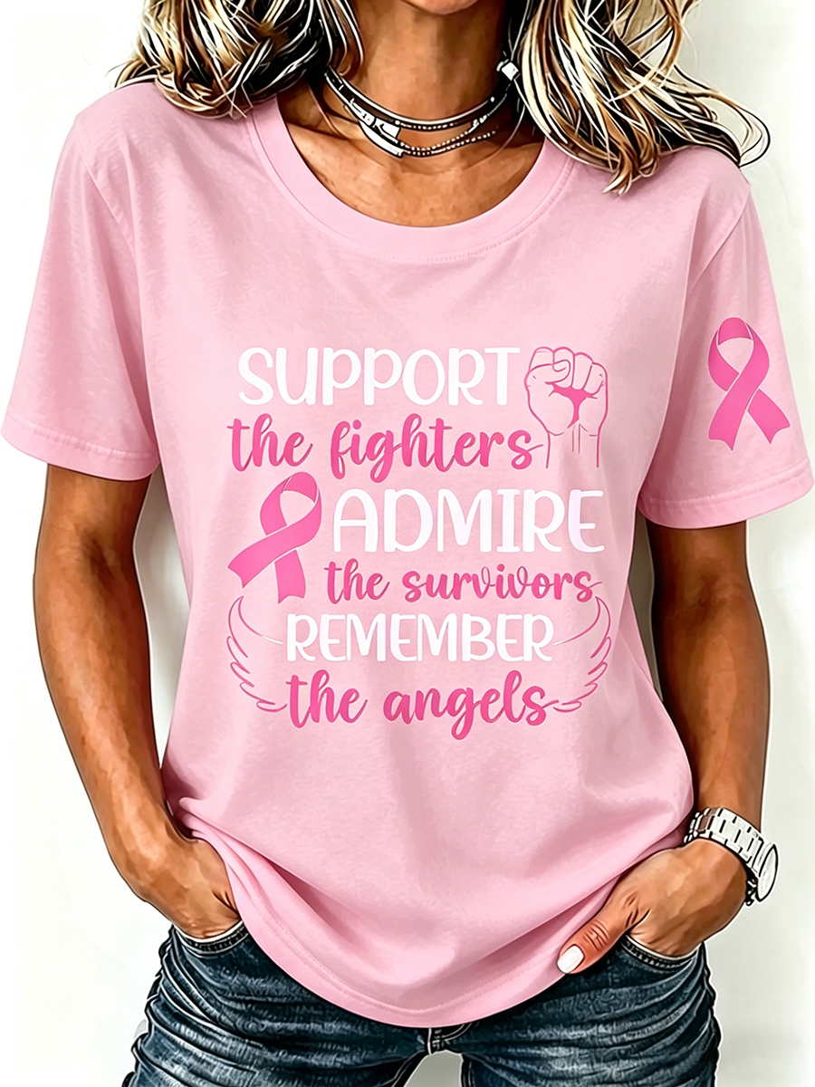Pink Series Disease Health Awareness Public Welfare Printed Round Neck T-Shirt