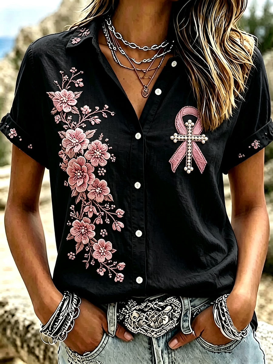 Women'S Casual Breast Cancer Awareness Faith Print Shirt