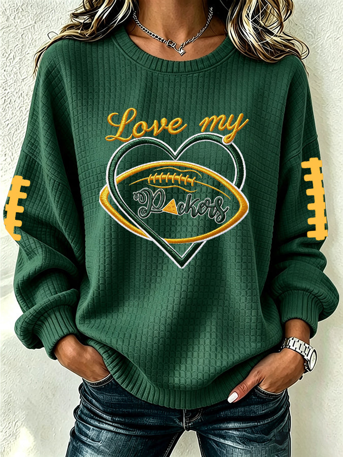 Women'S Football Fan Waffle Long Sleeved Round Neck Sweatshirt