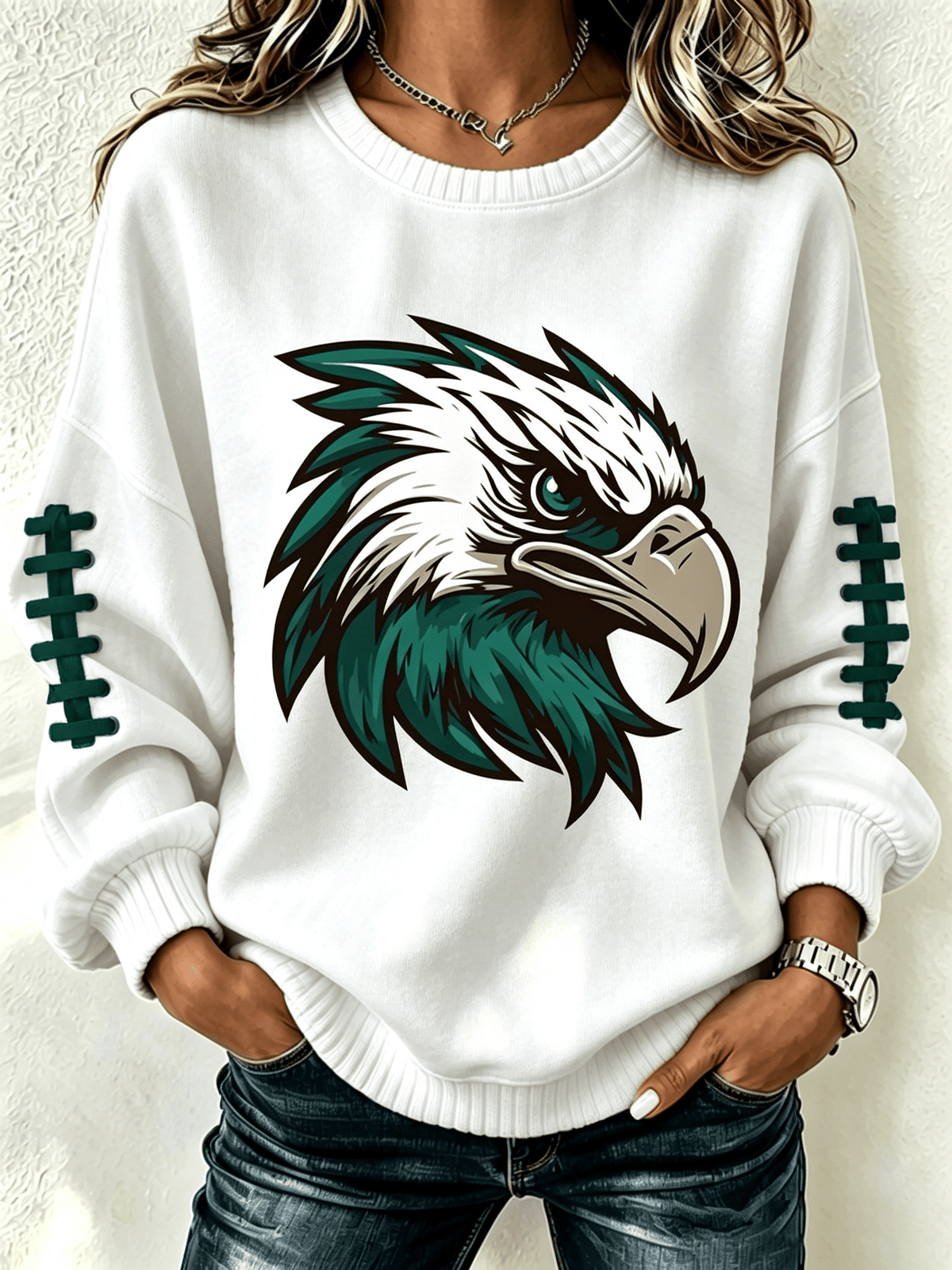 Women'S Casual Football Printed Round Neck Pullover