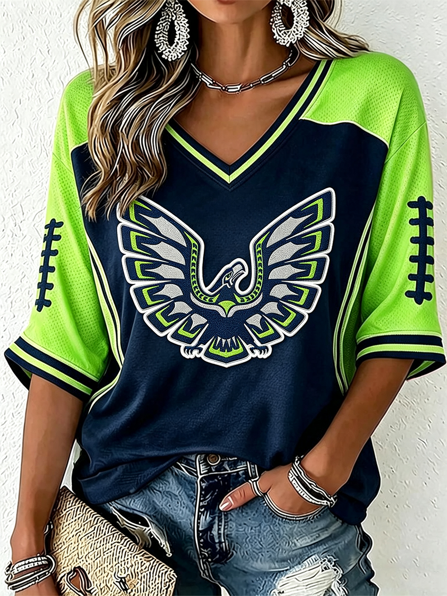 Women'S Football Fans Printed V-Neck Short Sleeved Top