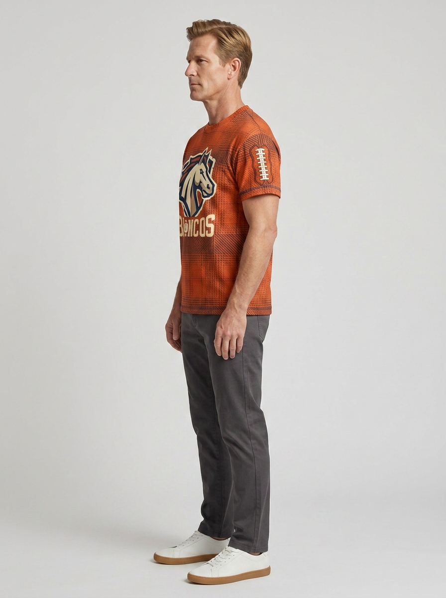 Unisex Denver Broncos Plaid Football Logo Printed T-shirt