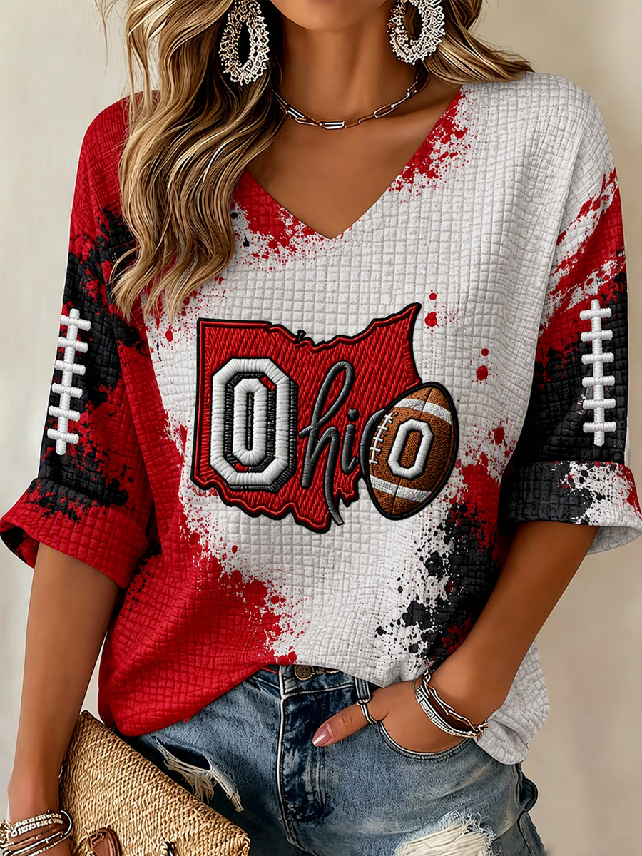 Women'S College Rugby Printed Waffle V-Neck Top