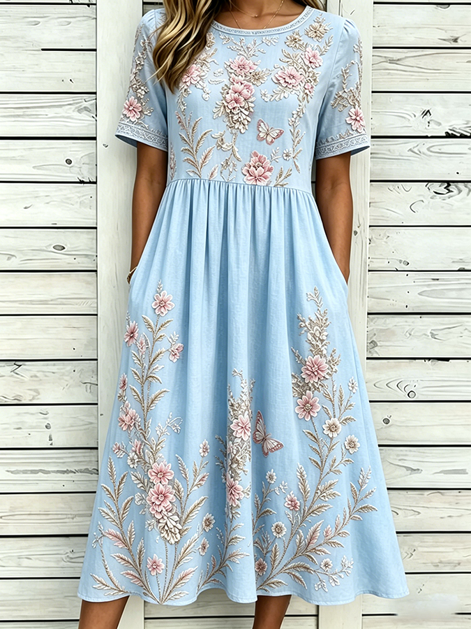 Women's Floral print Cotton Linen Short-Sleeved Dress