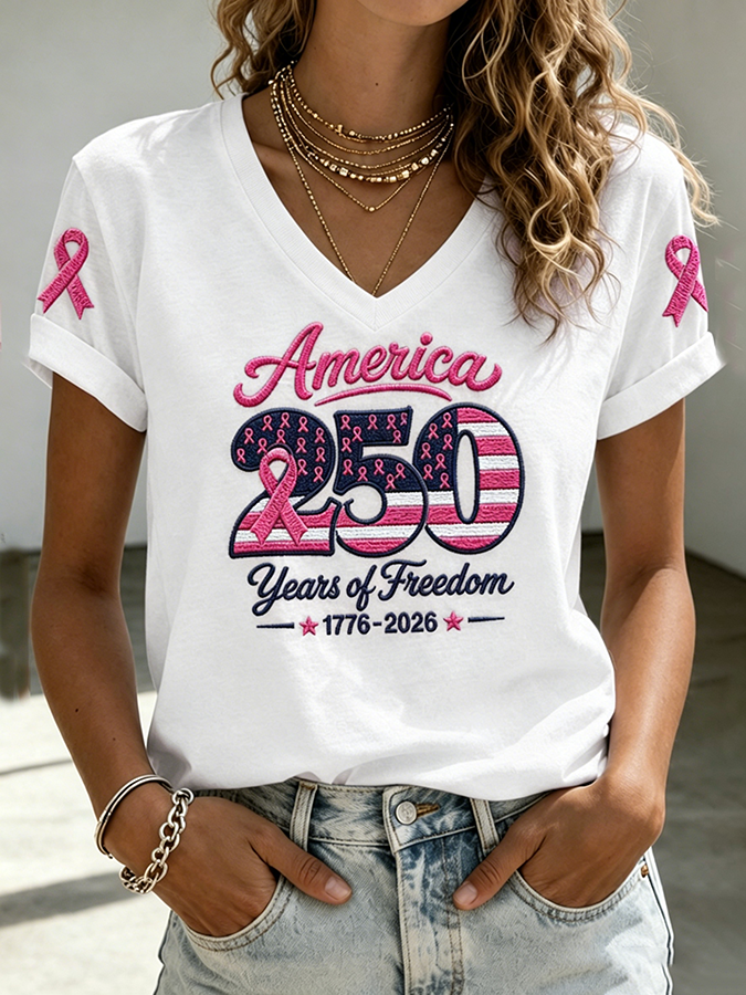 Women's American Flag Pink Ribbon Embroidered Casual T-shirt