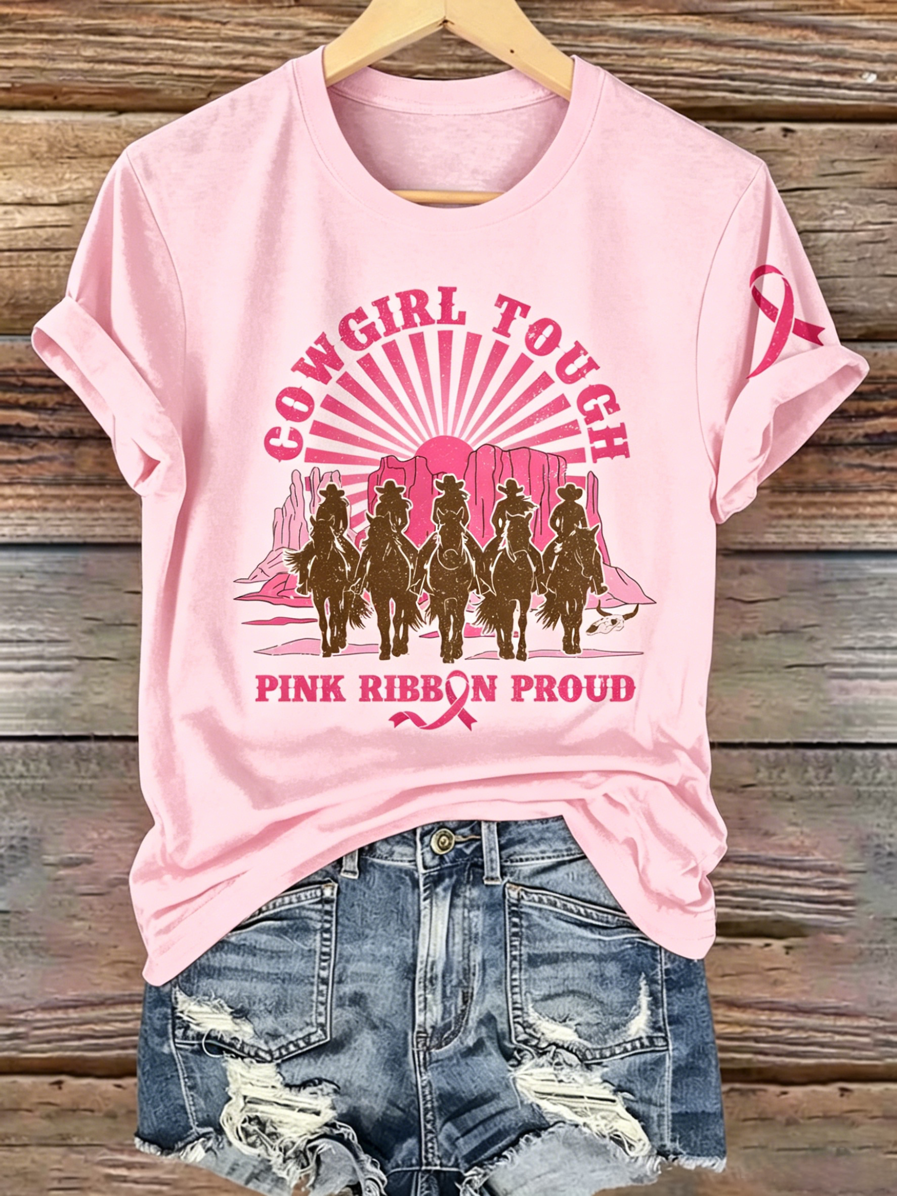 Pink Series Disease Health Awareness Public Welfare Printed Round Neck T-Shirt