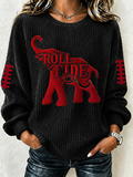 Women'S Football Print Waffle Long Sleeved Round Neck Sweatshirt