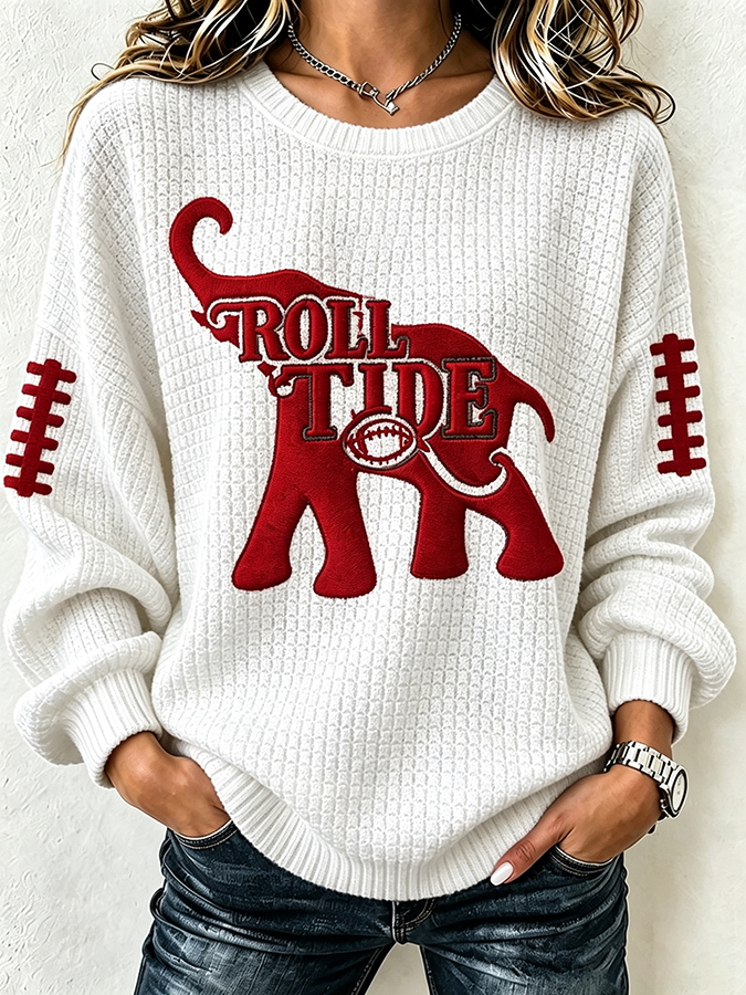 Women'S Football Print Waffle Long Sleeved Round Neck Sweatshirt