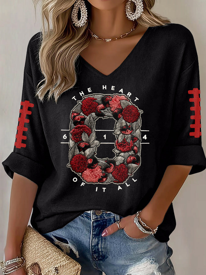 Women'S Rugby Patterned Waffle V-Neck Top