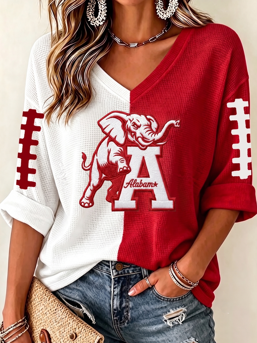 Women'S Rugby Patterned Waffle V-Neck Top