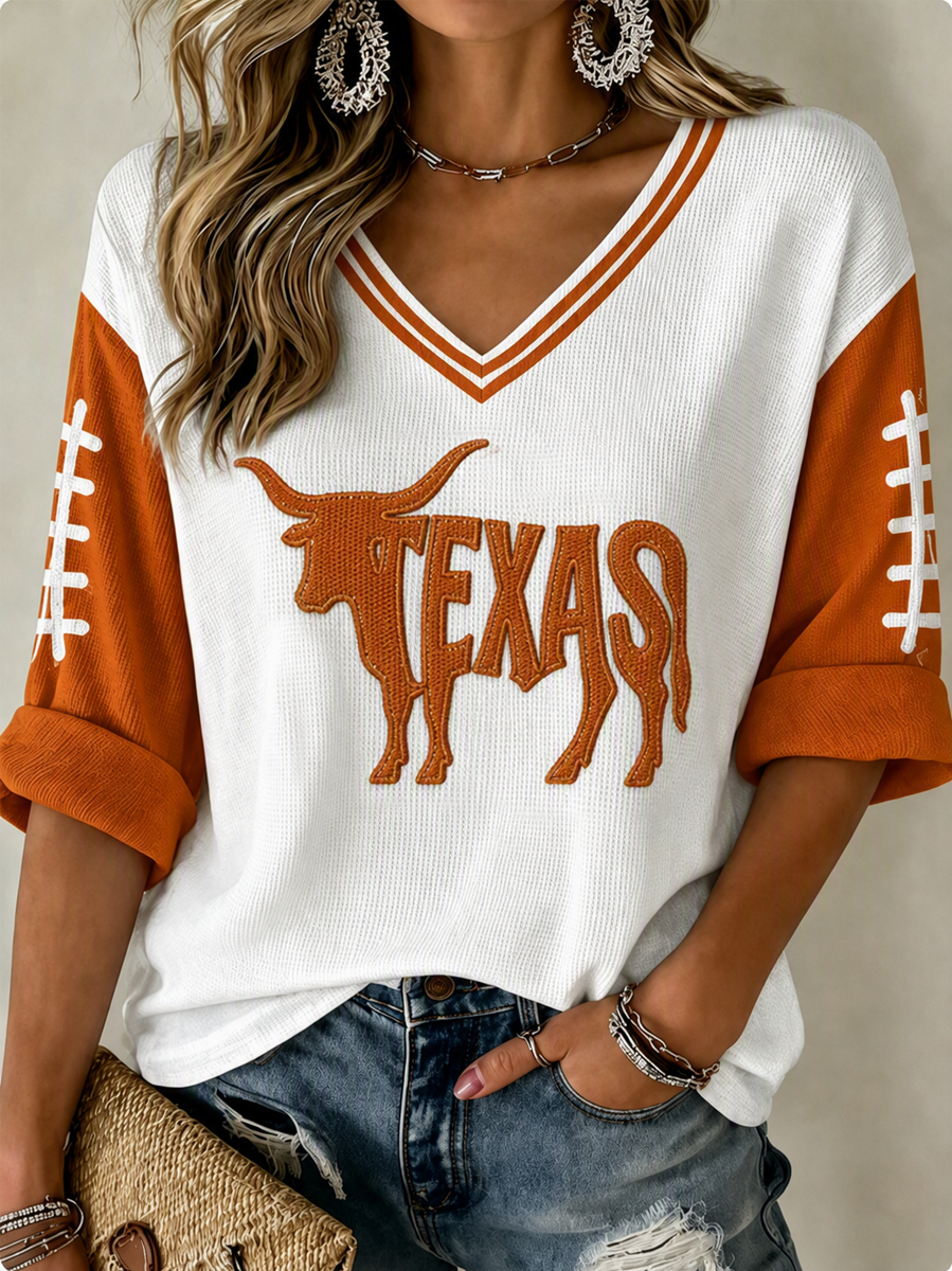 Women'S College Rugby Printed Waffle V-Neck Top