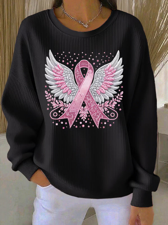 Women'S Pink Ribbon Print Casual Sweatshirt