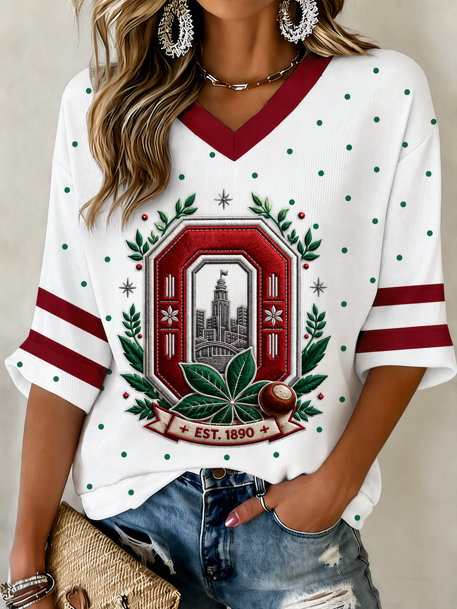 Women'S College Football Printed Waffle V-Neck Top