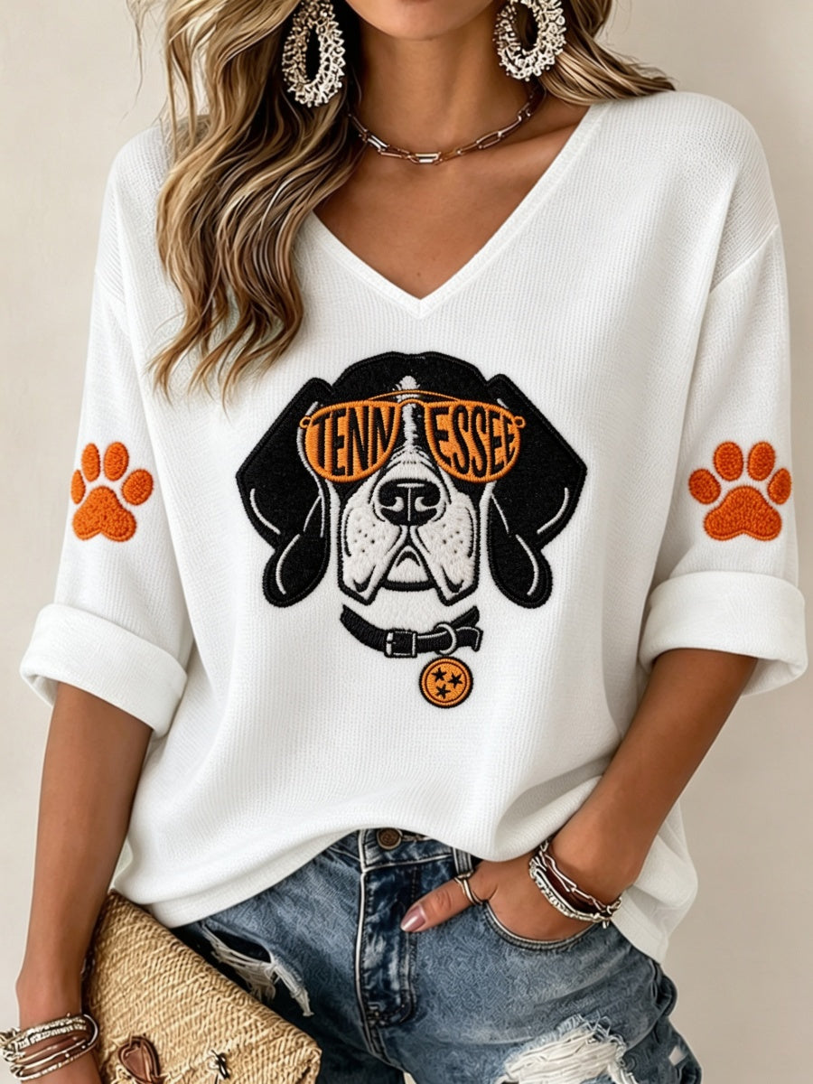 Women'S Football Print Waffle V-Neck Top