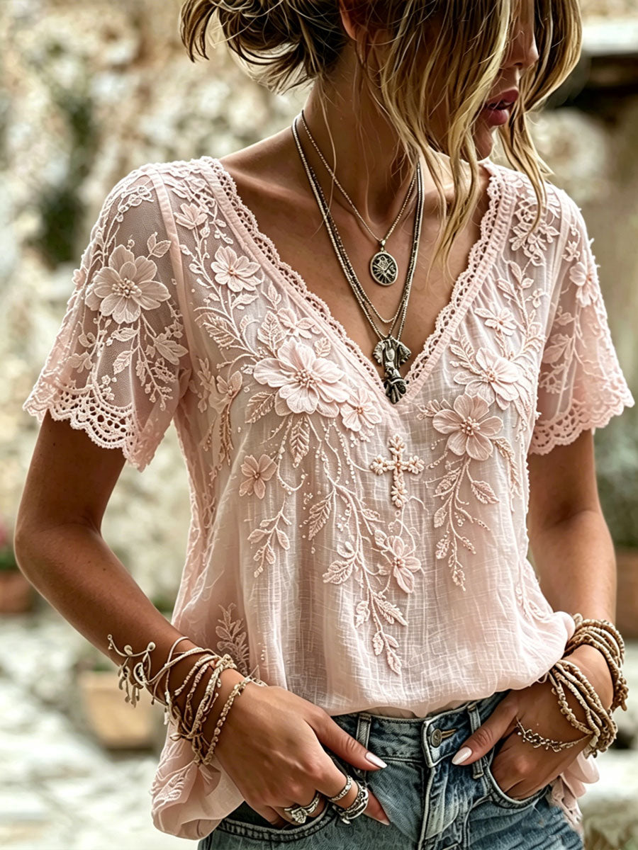 Women'S Cotton And Linen Floral Faith Casual Top
