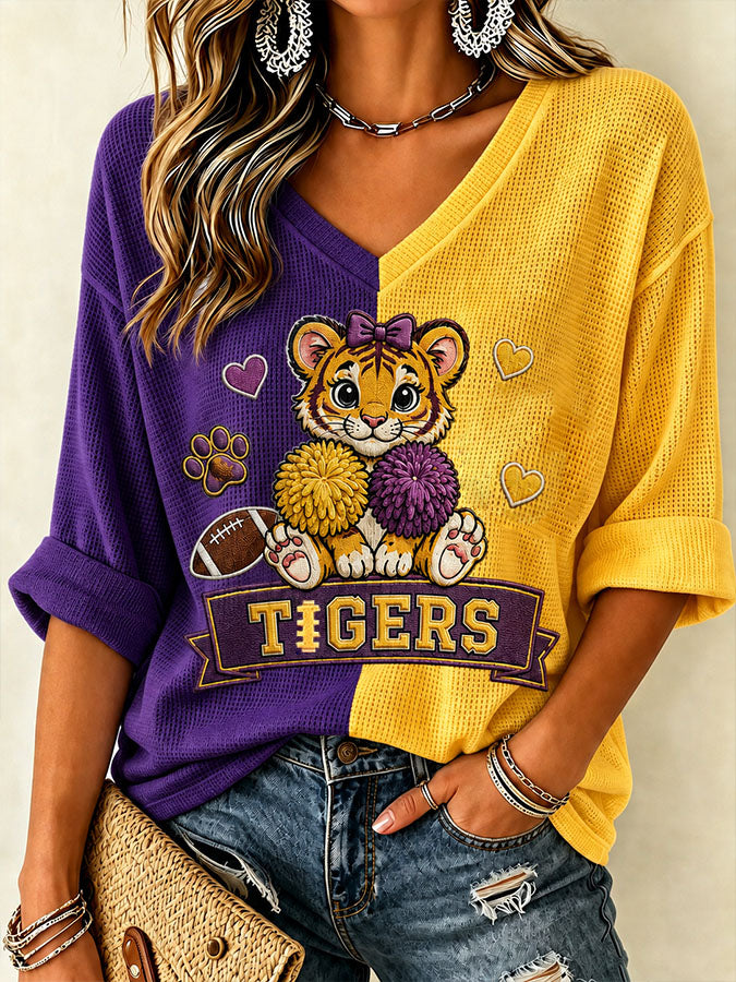 Women'S Rugby Patterned Waffle V-Neck Top
