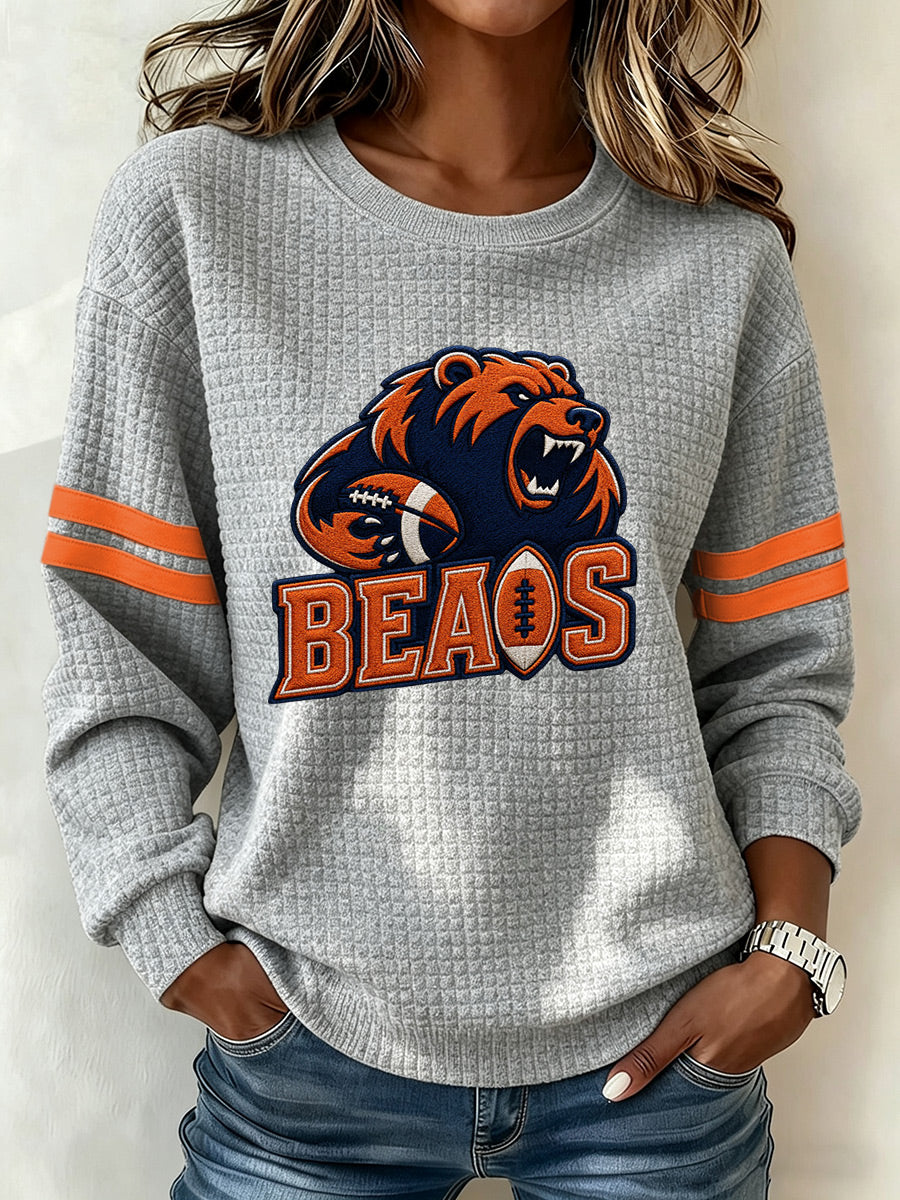 Women'S Football Fan Waffle Long Sleeved Round Neck Sports Shirt