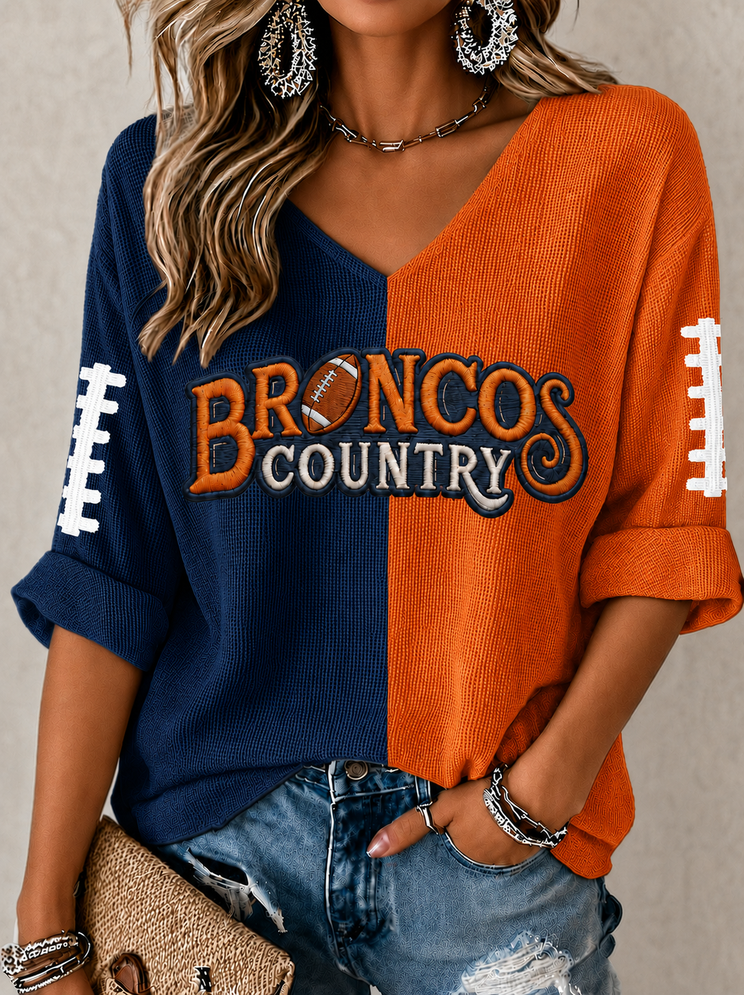 Women'S Football Print Waffle  Top