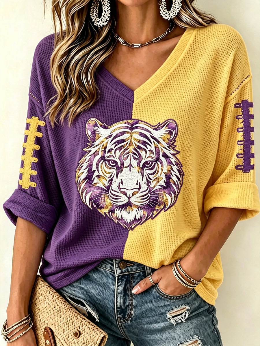 Women'S Rugby Patterned Waffle V-Neck Top