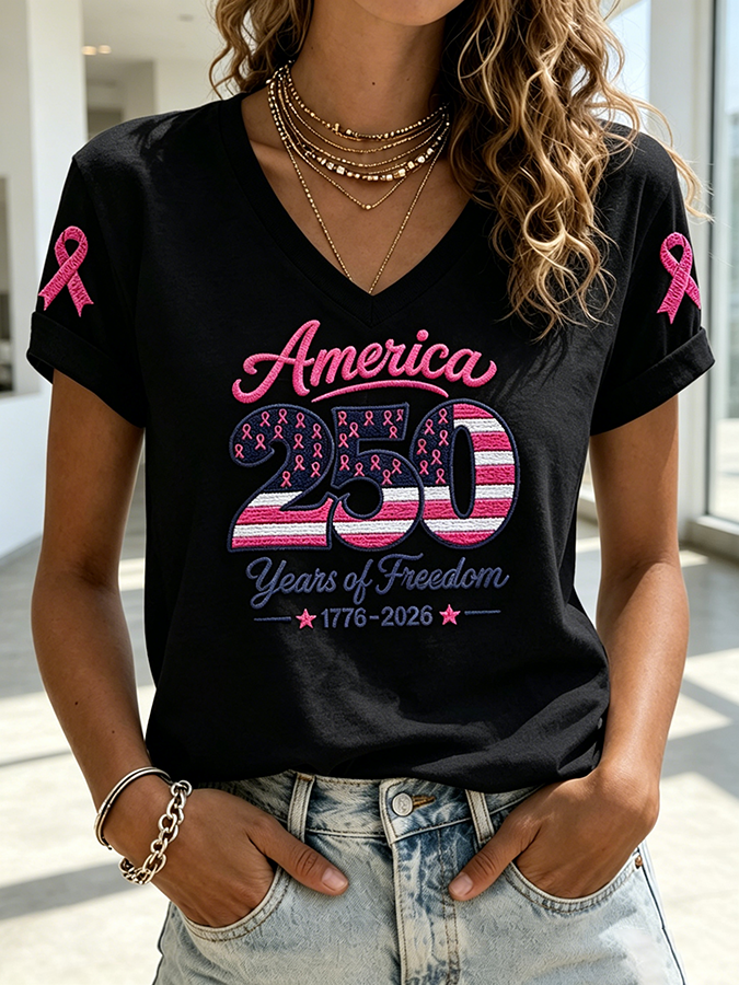 Women's American Flag Pink Ribbon Embroidered Casual T-shirt