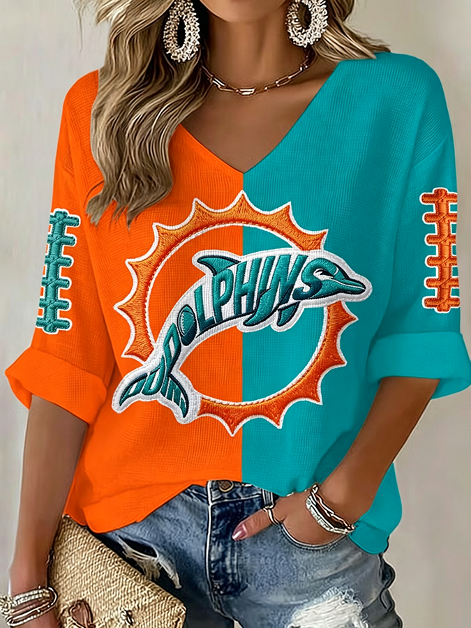 Women'S Rugby Patterned Waffle V-Neck Top