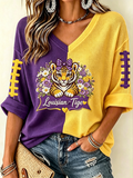 Women'S Rugby Patterned Waffle V-Neck Top