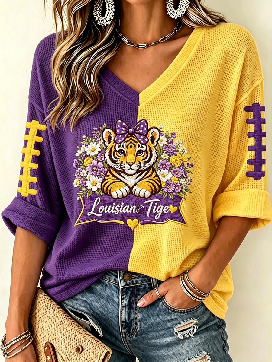 Women'S Rugby Patterned Waffle V-Neck Top