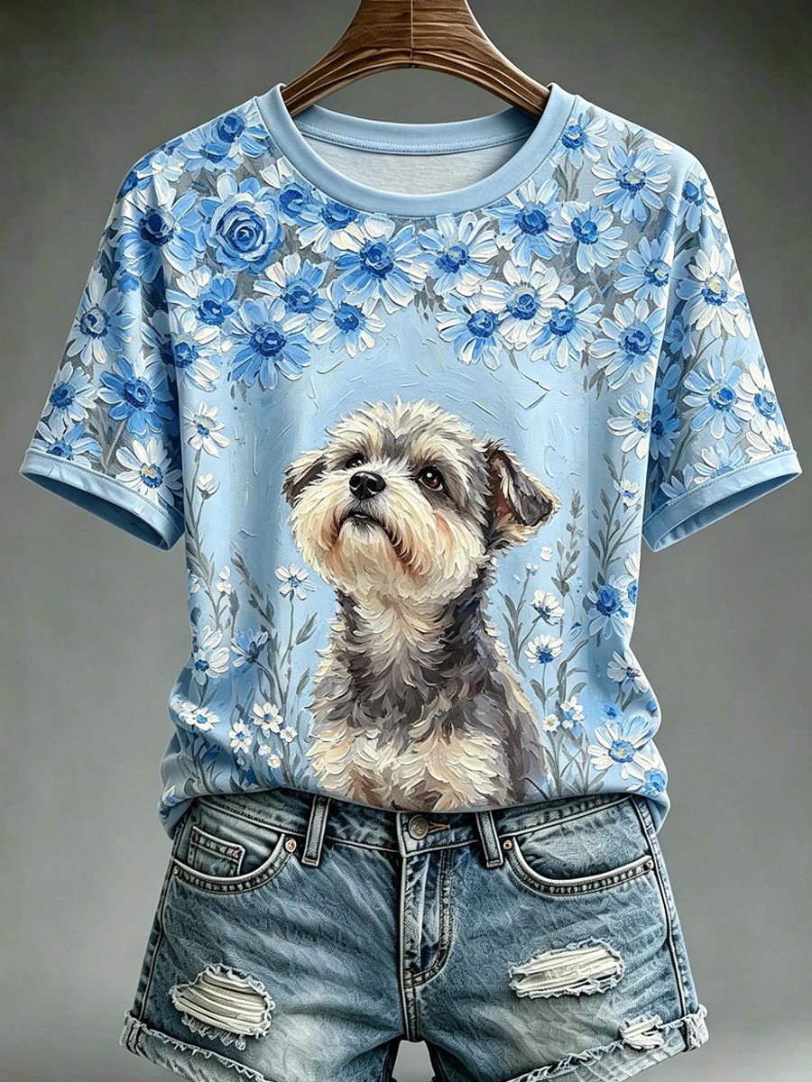 Women's Oil Painting Animal Dog Printed Vintage Fashion Loose Short Sleeve T-Shirt