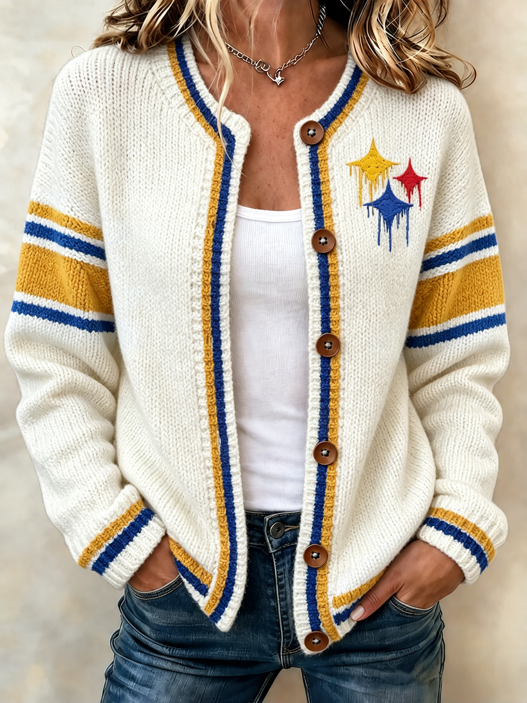 Women'S Football Printed Knitted Cardigan