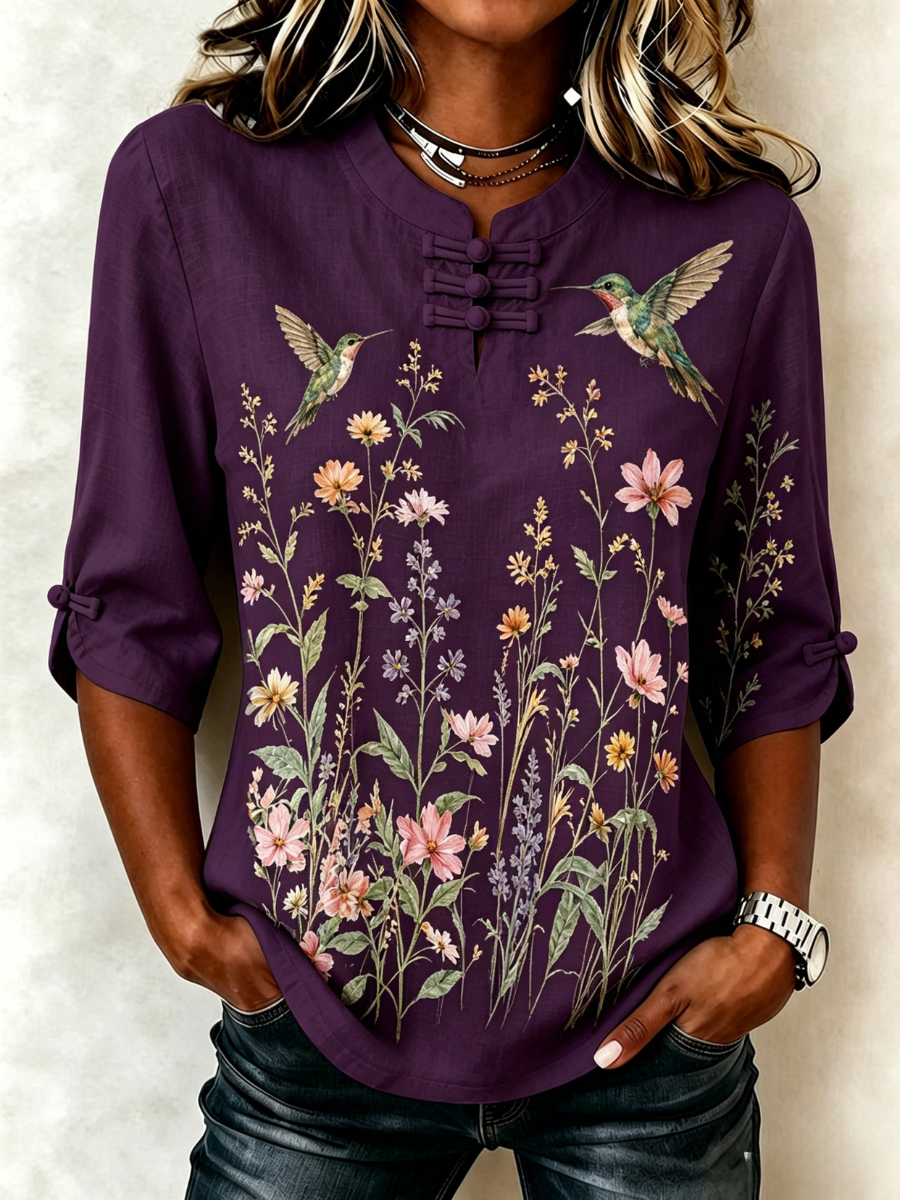Women's Hummingbird Print Casual Cotton-Linen Shirt