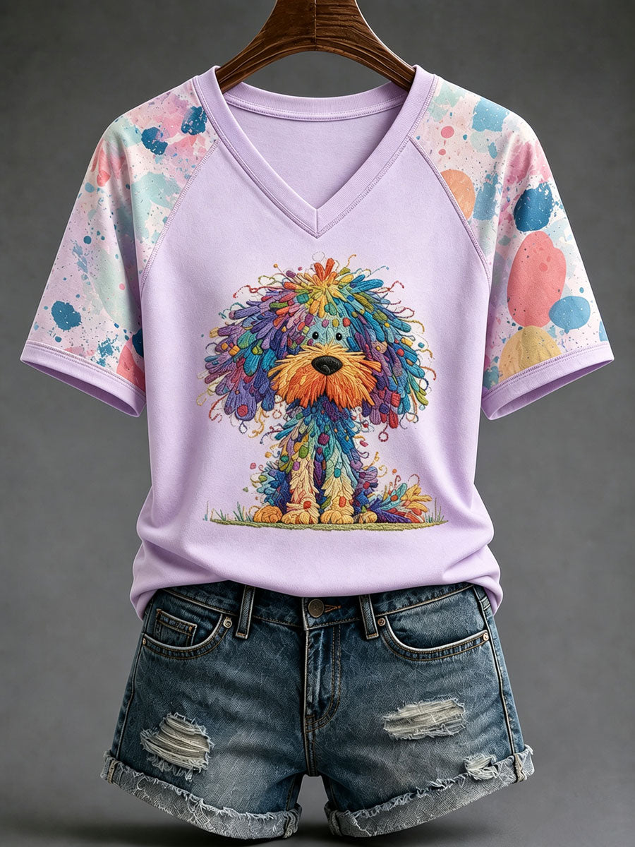 Ladies' Cute Dog V-Neck Casual T-Shirt
