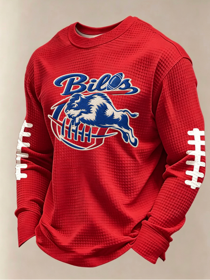 Men'S Buffalo Print Football Fans Gameday Casual Waffle Long Sleeve T-Shirt