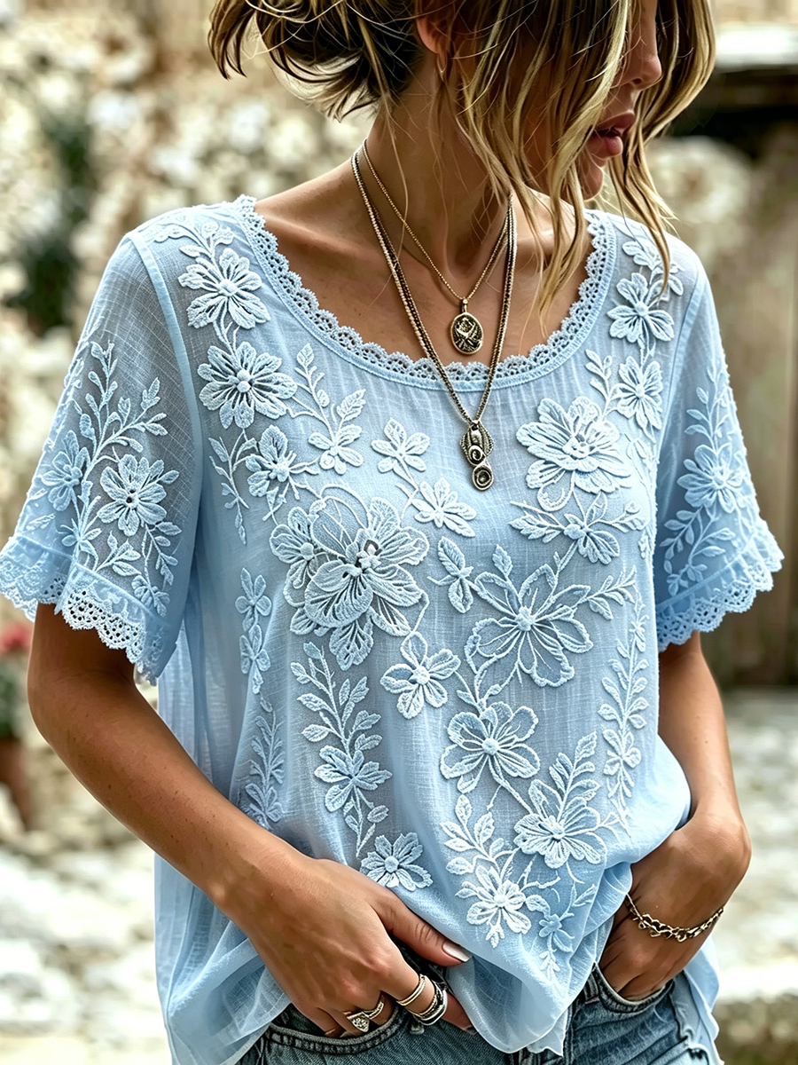Women's Retro Bohemian Style Floral Embroidery Print Lace Short-sleeve Top